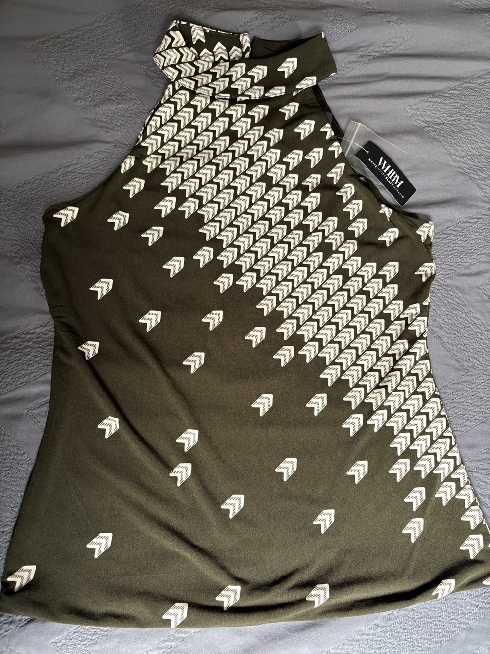 White House Black Market Olive Chevron-Pattern Sleeveless Mock Neck Tank